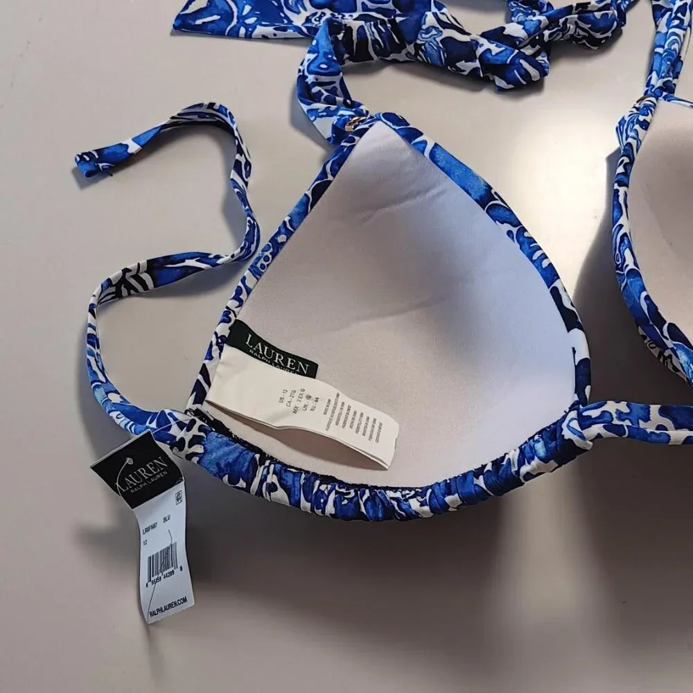 Swim Top LAUREN RALPH LAUREN Halter Tie Triangle Blue and White Sz 12 NEW - Picture 5 of 7